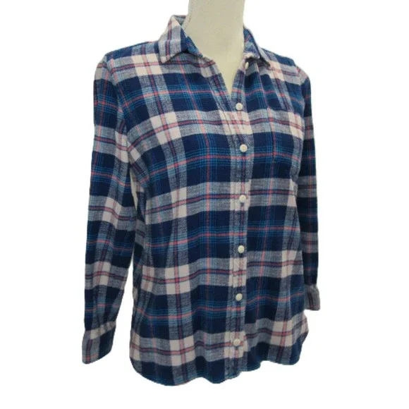 J. Crew Womens 10P Flannel Plaid Button Up Blue Coral Cotton Long Sleeve - Picture 10 of 15